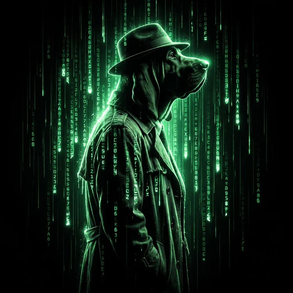 The $SNIFF bloodhound detective in a fedora, standing in green code rain
